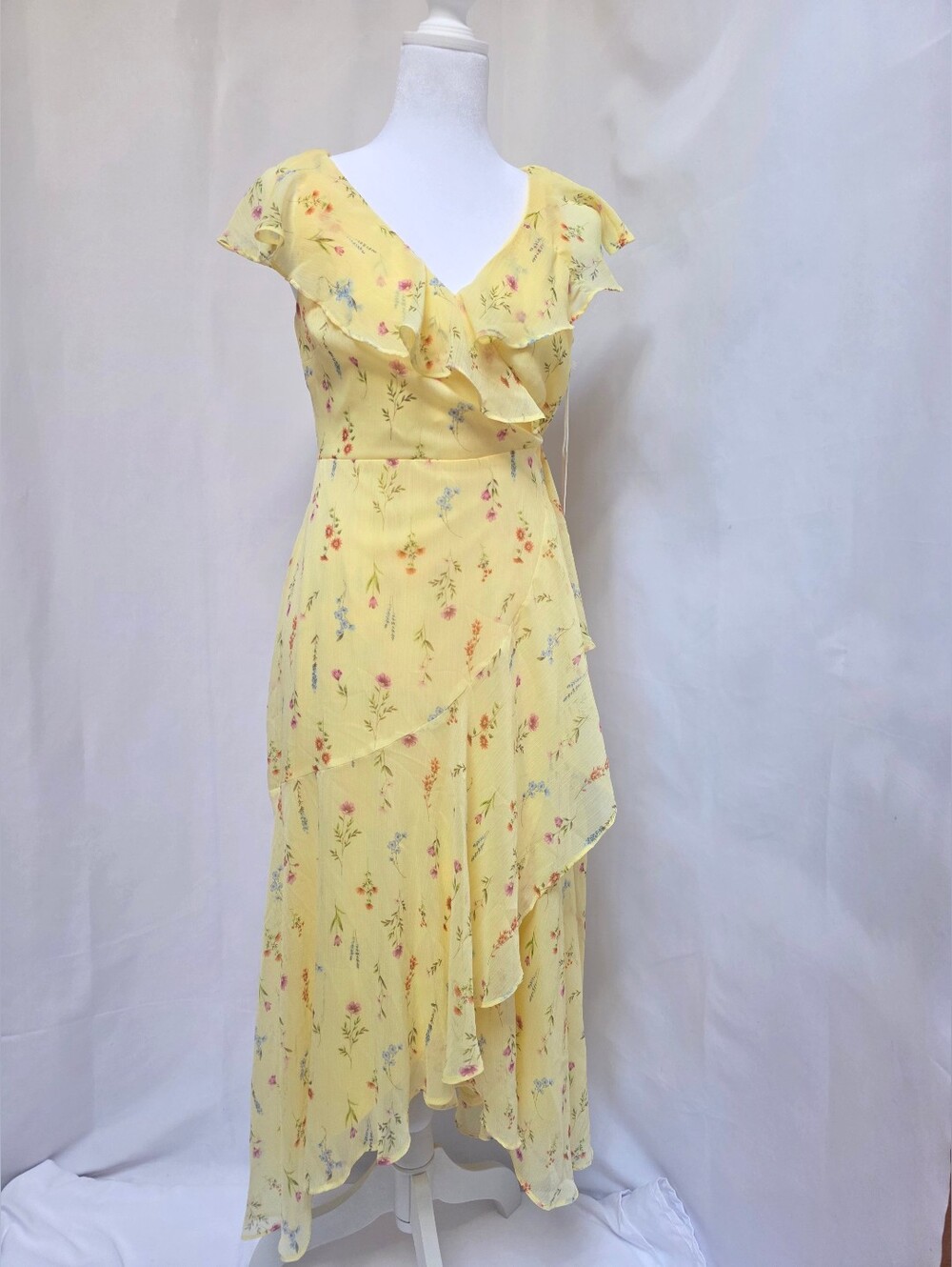 NWT Lauren Conrad Yellow Floral Wrap Midi Dress Ruffle Short Sleeve PS